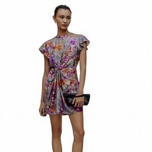 All Saints Jemille Lucia Silk Blend Lined Mini Dress Flutter Sleeves Grey Floral